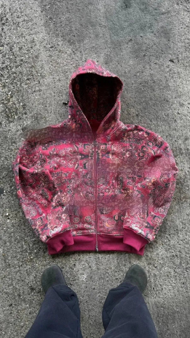 Red or blue loose fit hooded zip coat for young men, polyester fabric, Asian sizes XS to 6XL