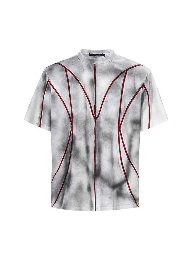 Women's padded shoulder T-shirt with textured line patchwork detail on the front.