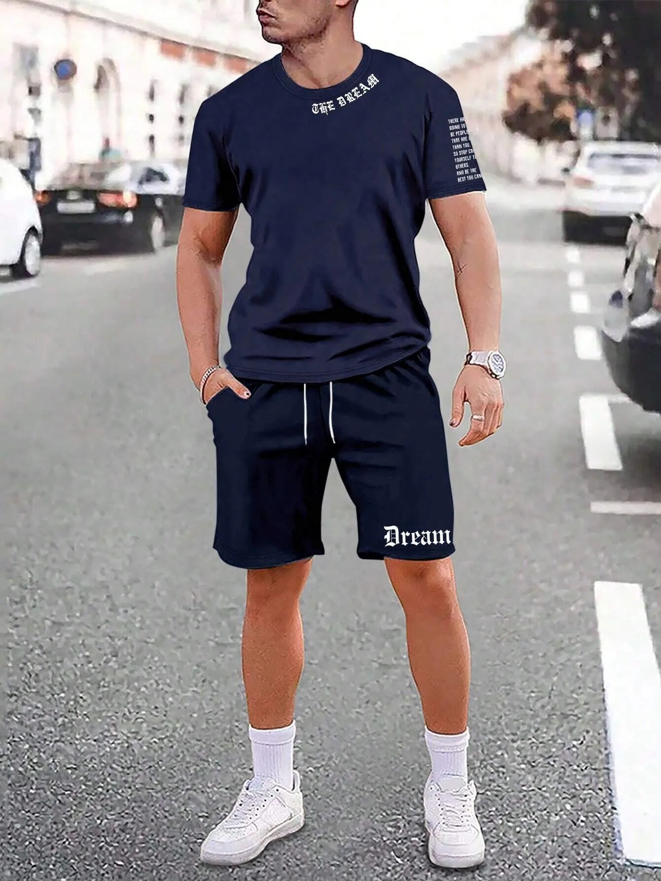 Men's sports style short-sleeved shirt and shorts set in polyester blend fabric