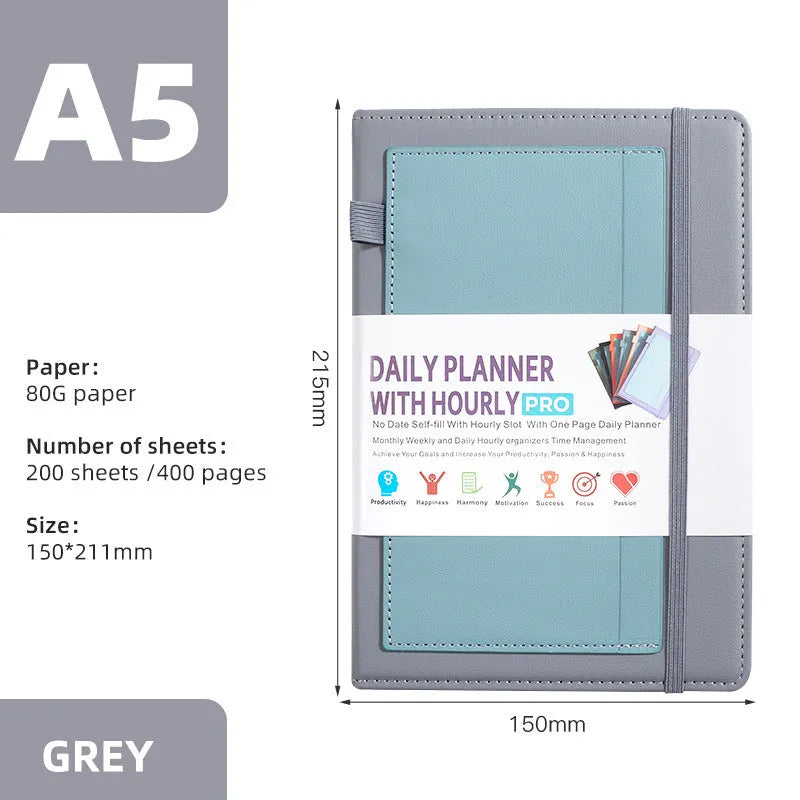 PU leather notebook with strap closure, shown open on 80g wood-free paper, available in purple, green, gray, black, pink, and orange.