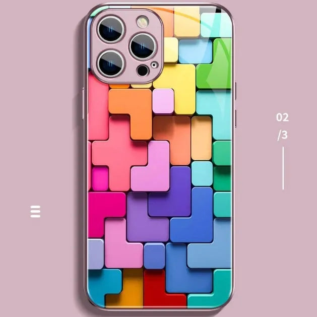 Colourful geometric building block design silicone case for iPhone on a white background.
