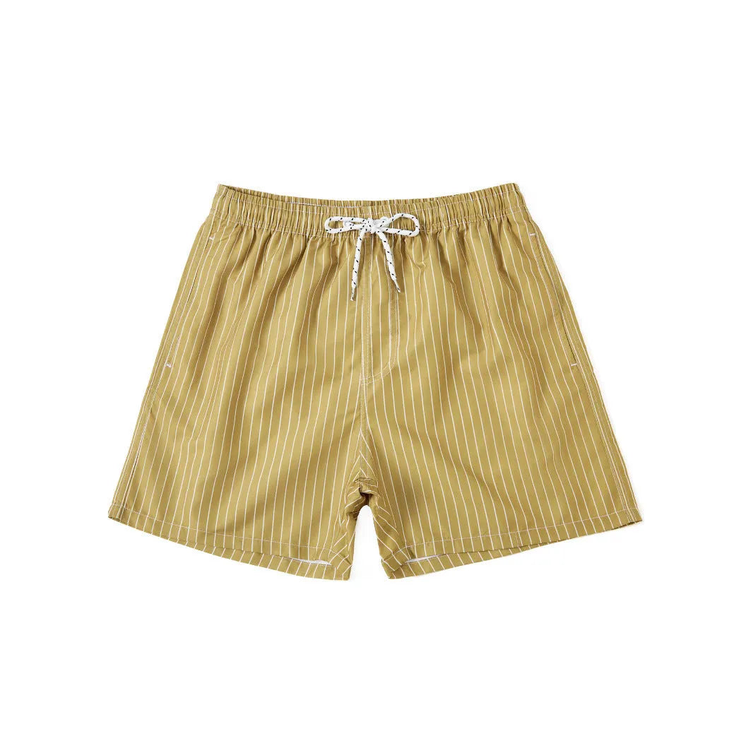 Polyester fibre beach shorts with digital printed striped triangle lining in straight leg style