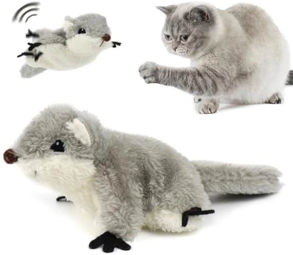 Gray flapping squirrel cat toy with USB charging cable for interactive feline play