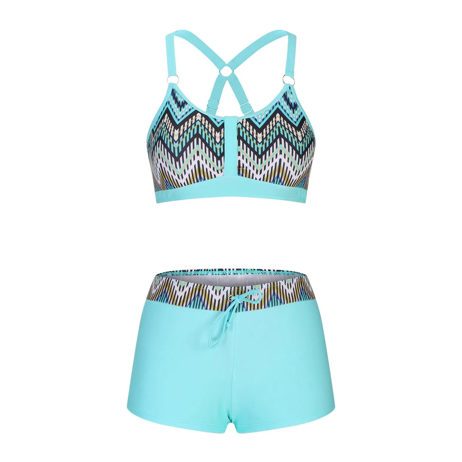 Women's floral print polyester bikini swimsuit set with bra and shorts on a neutral background.