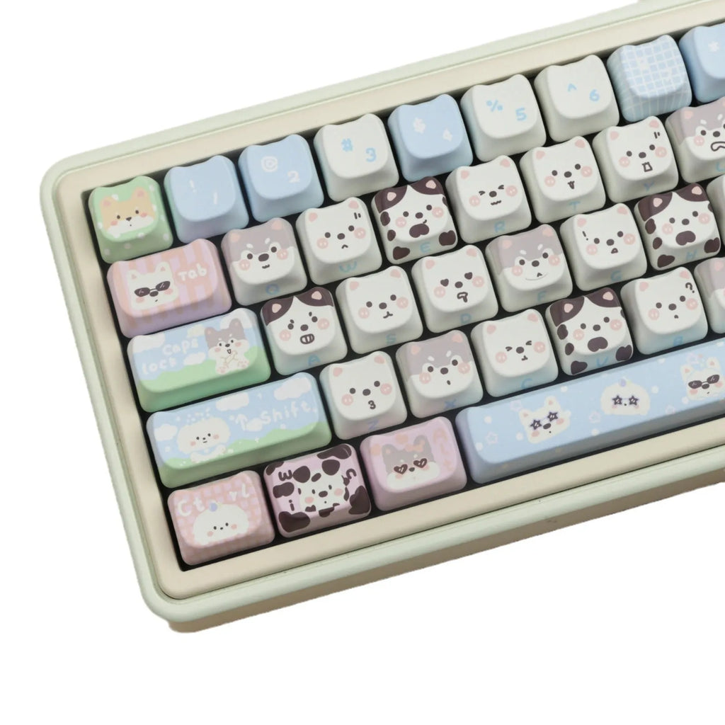 Full set of PBT keycaps for mechanical keyboard with colourful cat and puppy sublimation design.