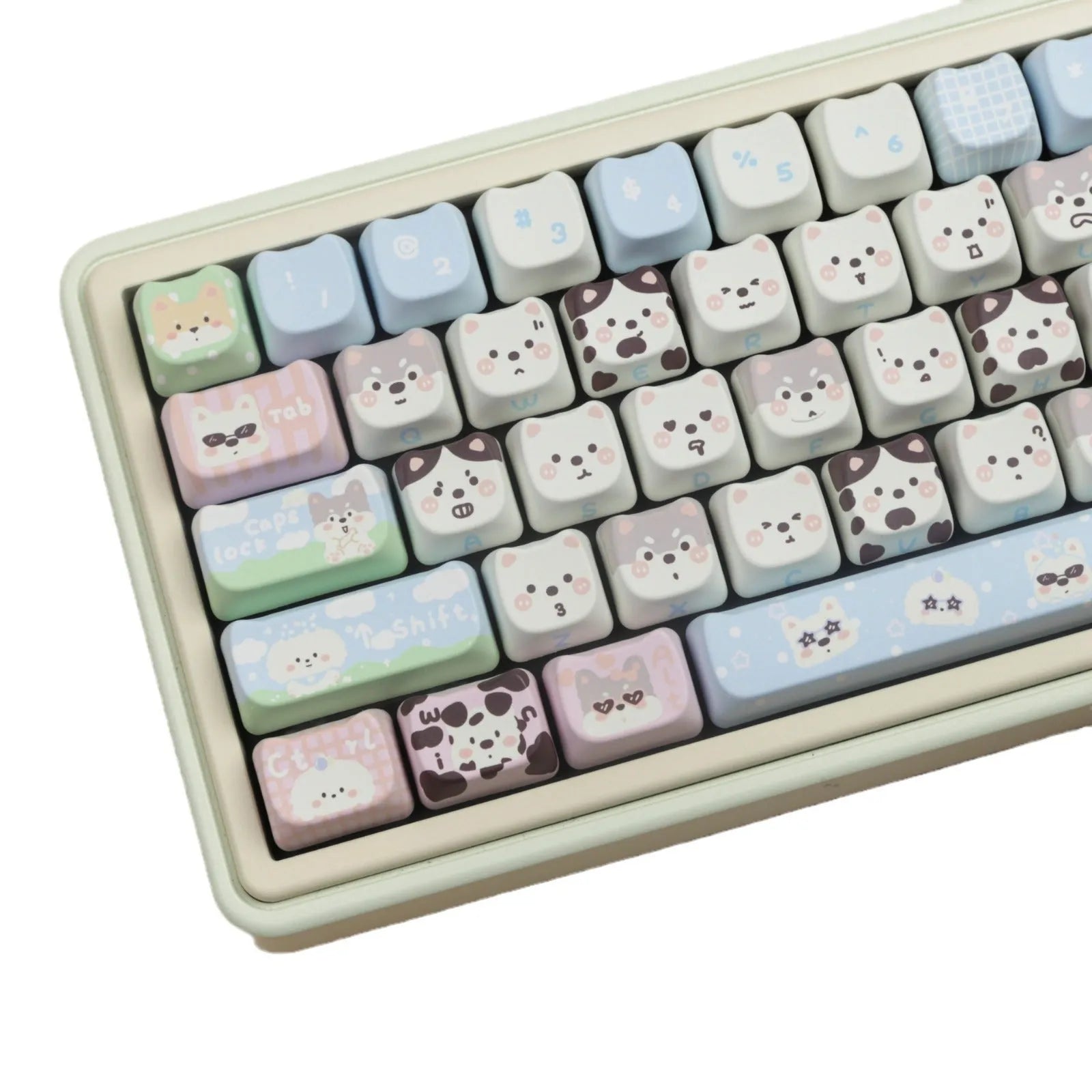 Full set of PBT keycaps for mechanical keyboard with colourful cat and puppy sublimation design.