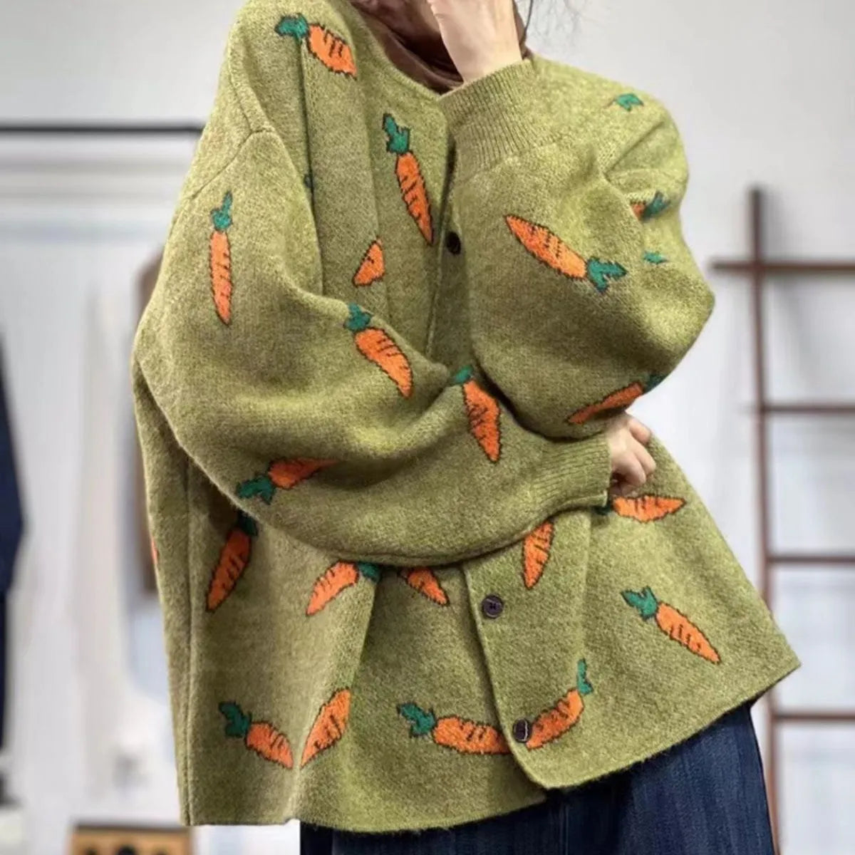 Women's loose artistic print viscose cardigan sweater with colour contrast design