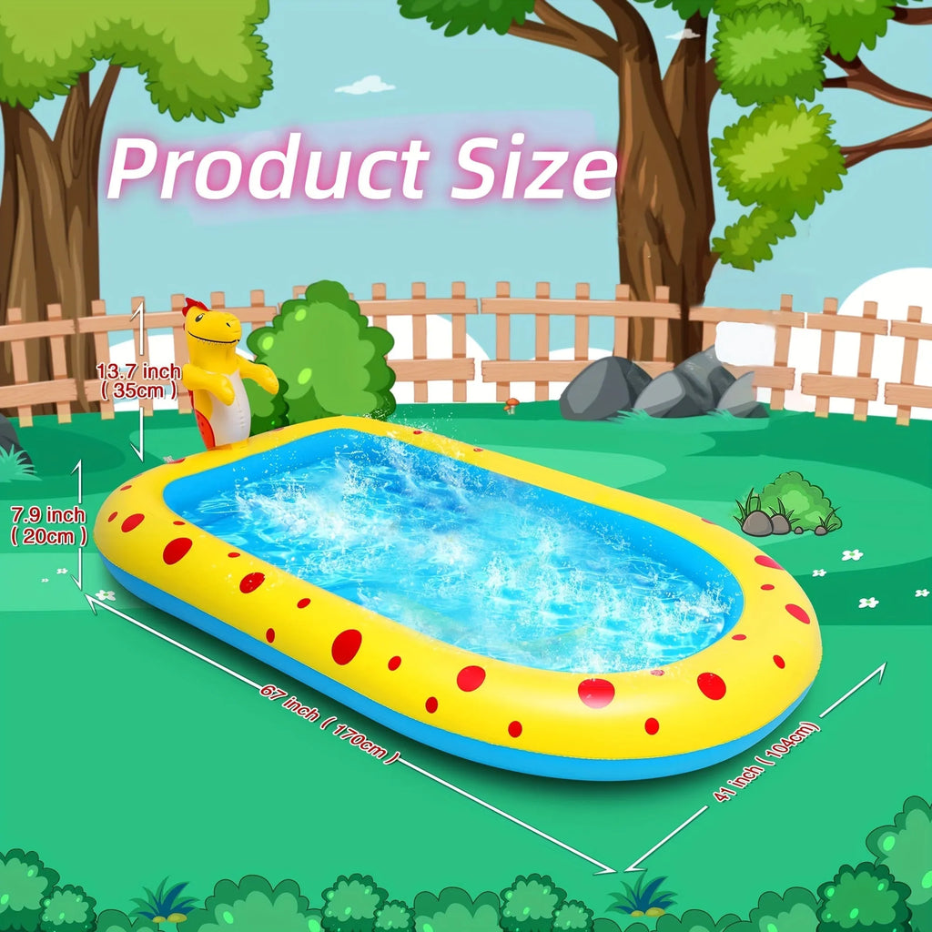 Large blue inflatable kids pool with dinosaur water spray and separate shark pool section