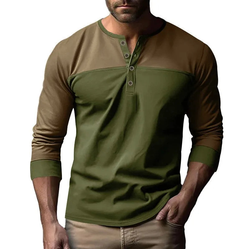 Men's brown army green long-sleeve casual shirt with Henry collar