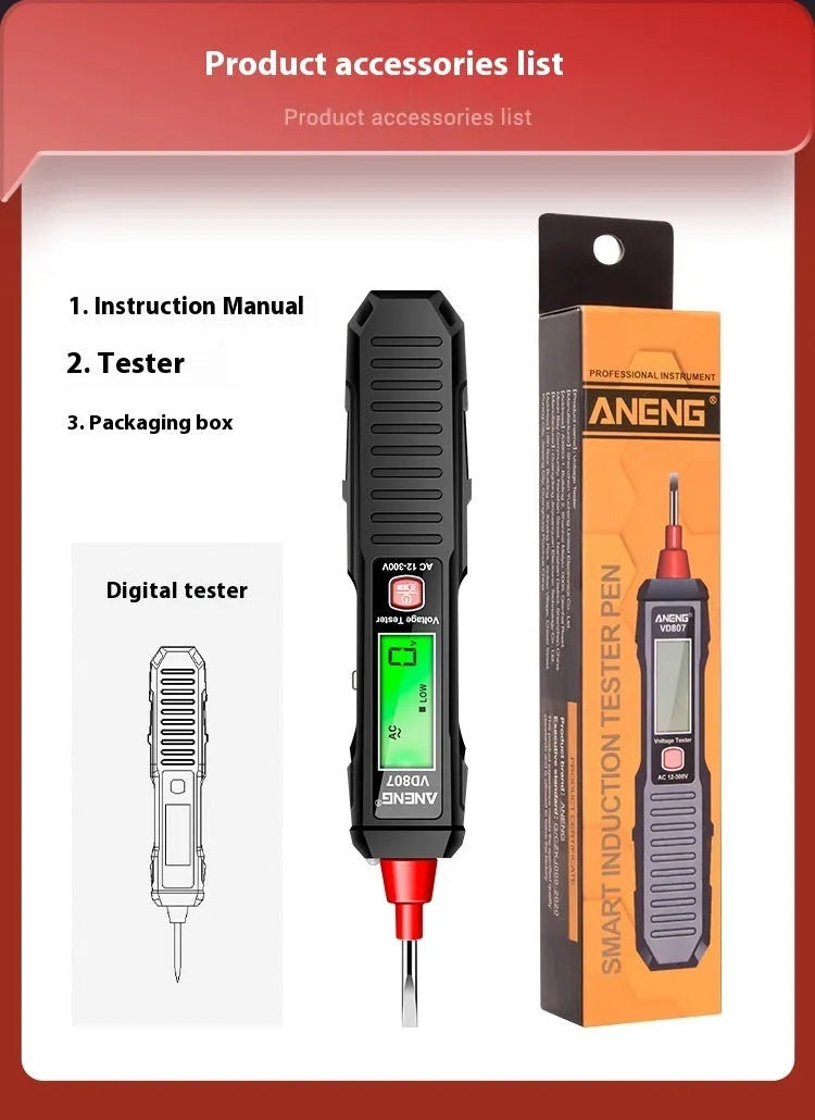 Black digital voltage measuring pen with LCD display showing voltage reading