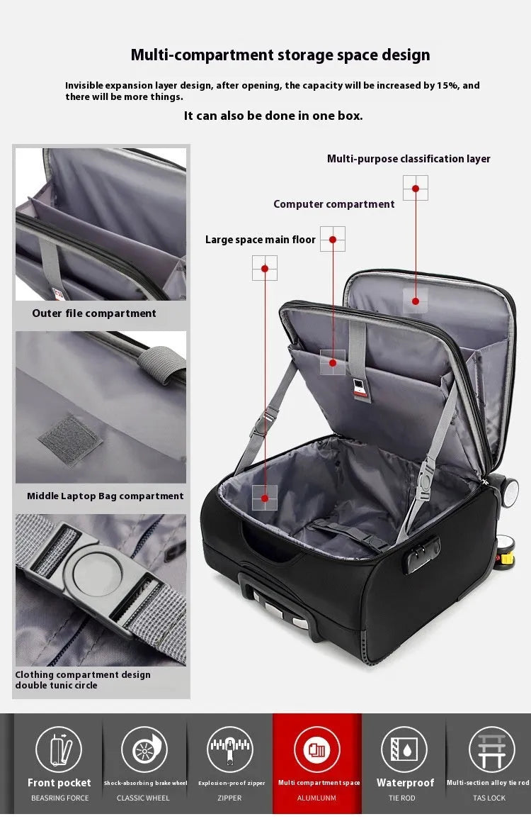 Black 18-inch Oxford cloth carry-on suitcase with wheels and pull handle for business travel.
