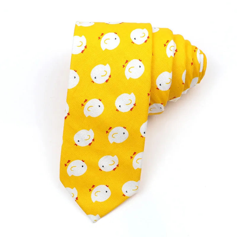 Korean style narrow men's cotton bow tie with a printed cartoon pattern in a selected colour.