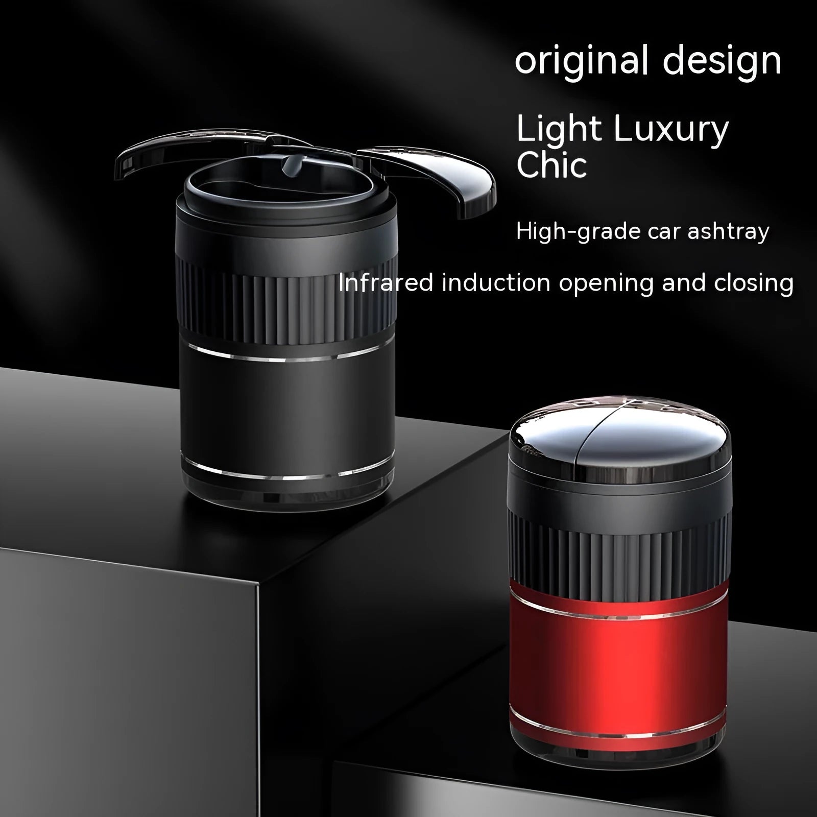 Black automatic infrared sensing metal car ashtray with lid on a car dashboard.