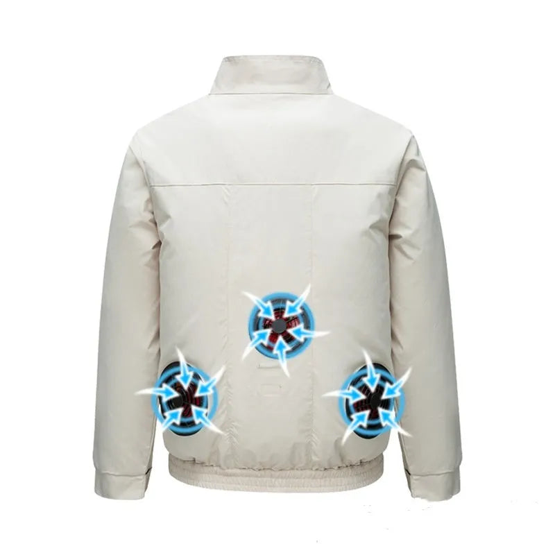 Smart air conditioning outdoor work jacket with cooling fan in black or white with ventilation holes