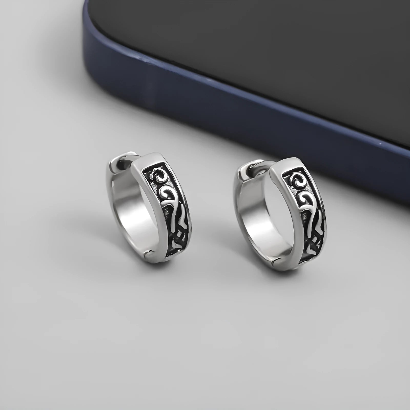 Men's silver-toned geometric copper earrings for hip hop style, shown in 10mm and 14mm sizes.
