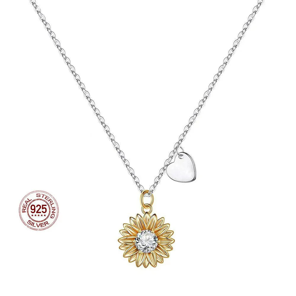 925 silver love sunflower pendant necklace with adjustable 21-50cm cross chain on woman