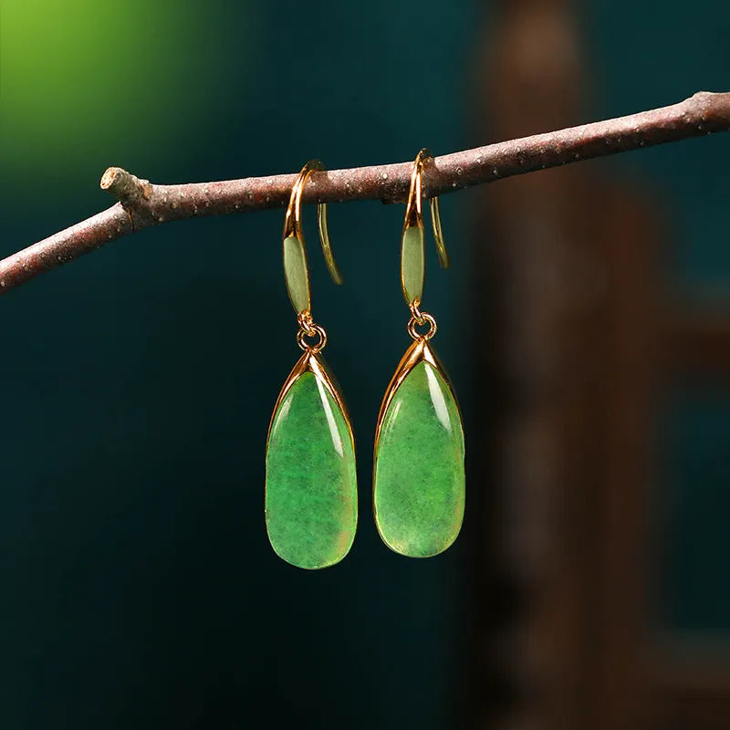 Geometric water droplet earrings with a jade green electroplated finish and Chinese retro style.