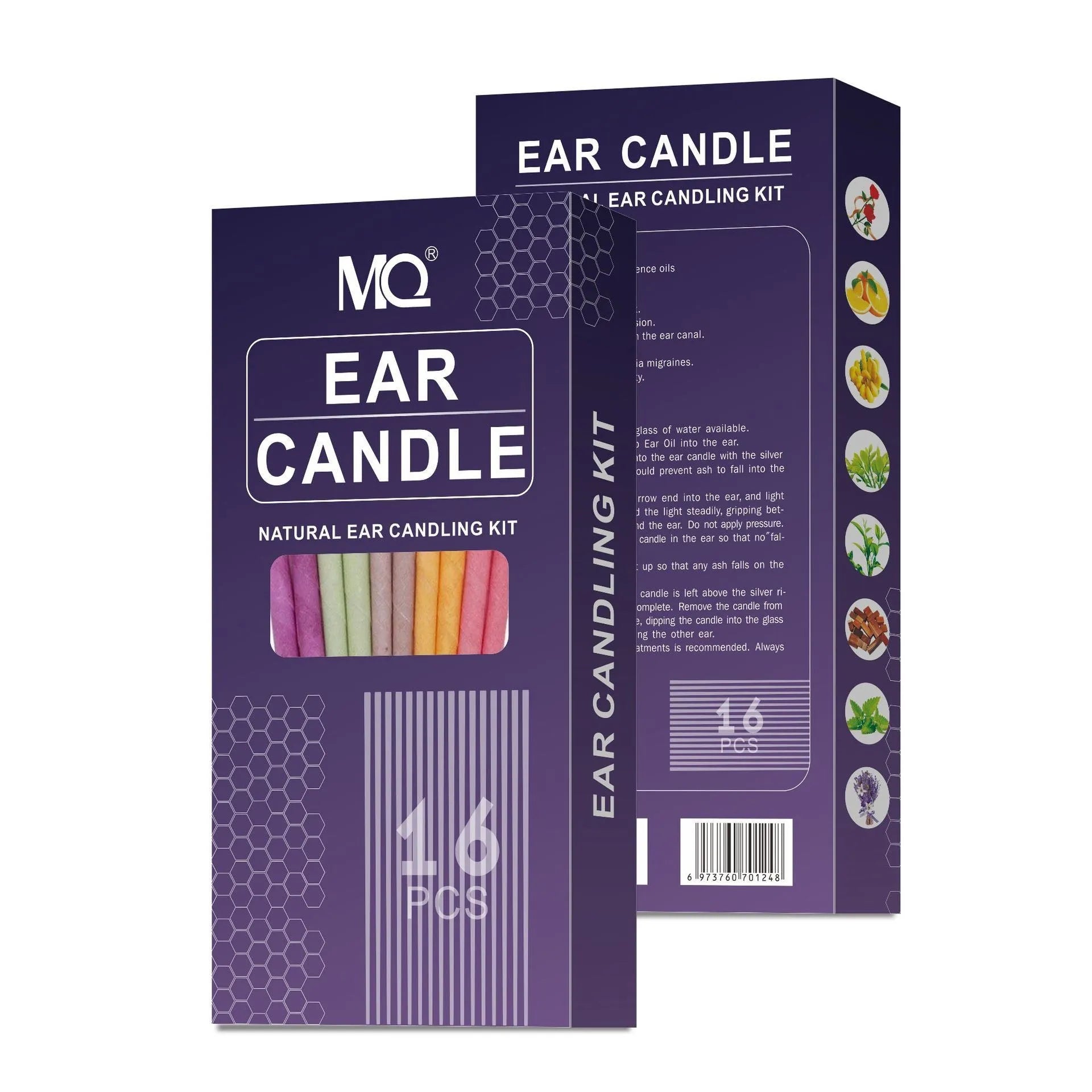 Ear candle health massage kit showing 16 candles, 8 protection boards, and 16 swabs in assorted colours