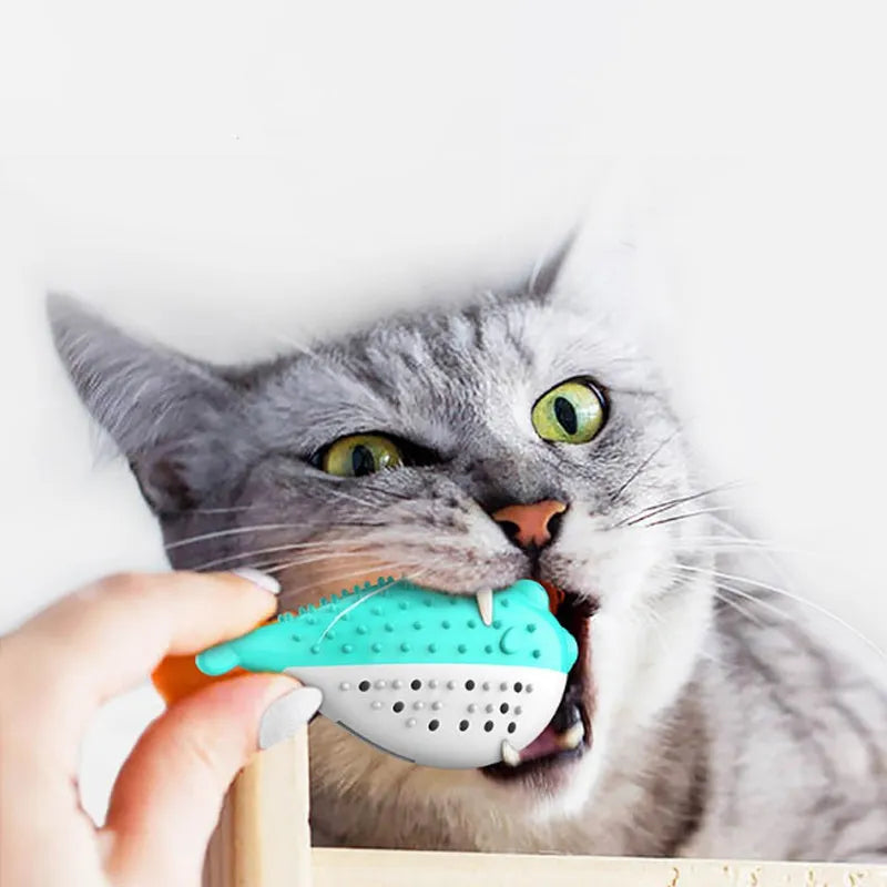 Blue silicone fish-shaped chew toy for cats on a plain background