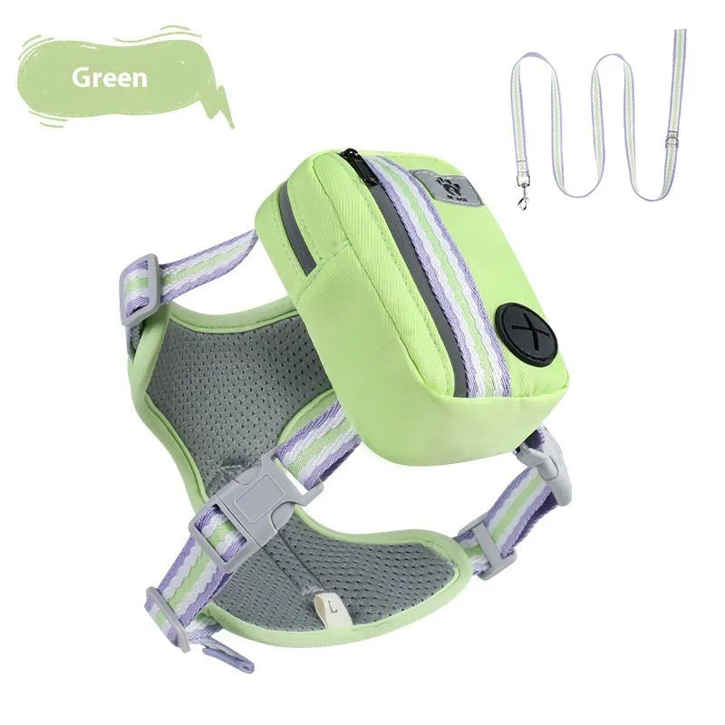 Explosion-proof anti-strangulation pet harness with traction rope in green, blue, pink, or yellow