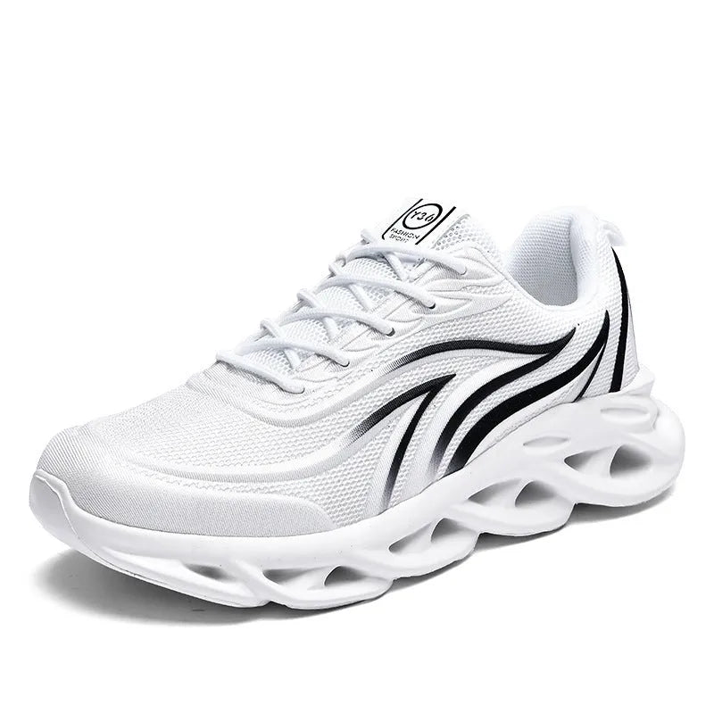 Men's Korean style mesh casual running shoes with carved wing pattern, round toe, foam sole, black and white colour