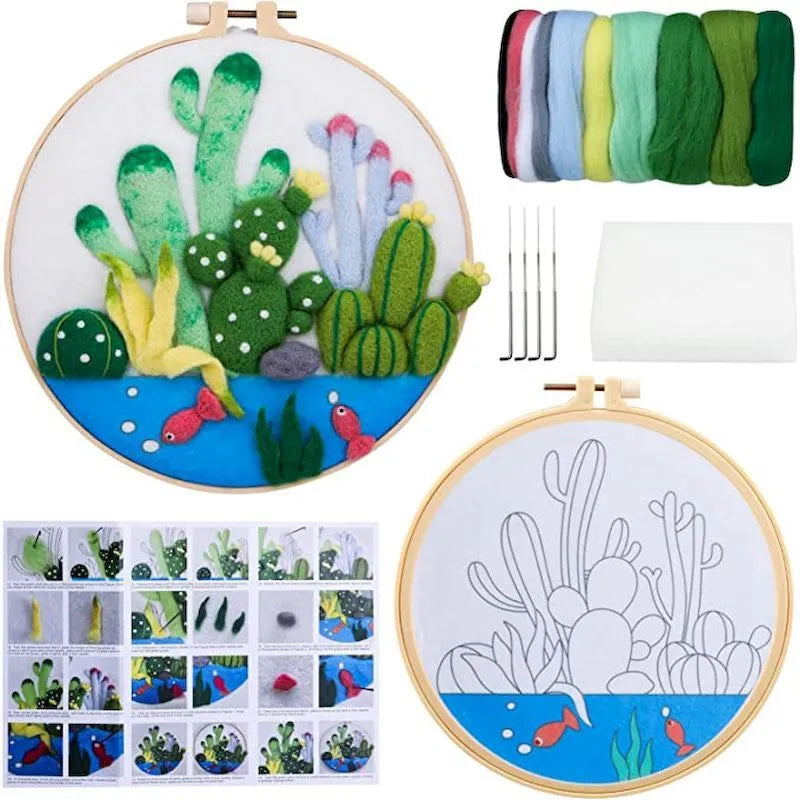 Round linen embroidery kit with wool felt pieces for 3D flowers and leaves, includes a free frame.