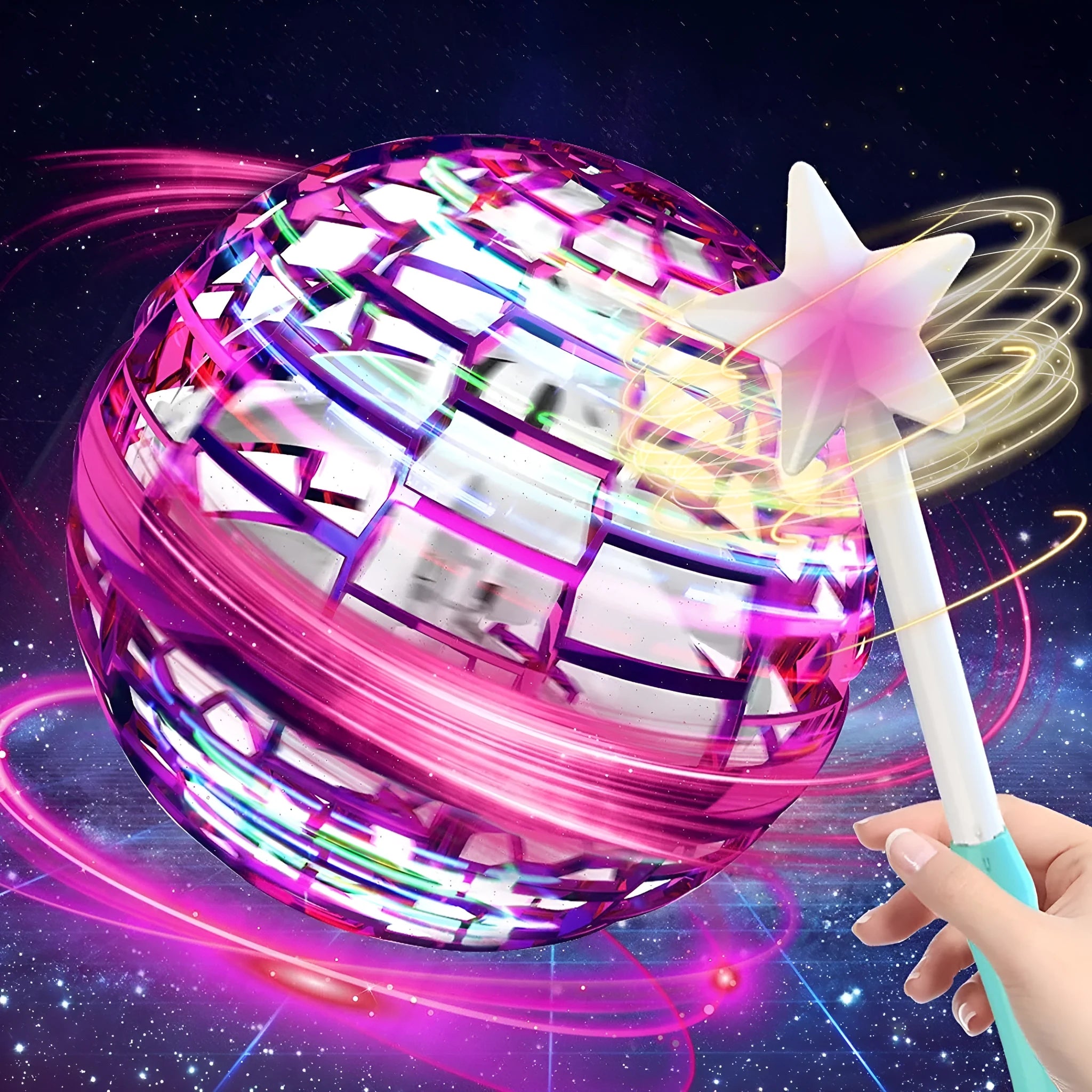 Blue flying ball toy with LED lights hovering above a child's hand next to a magic wand.