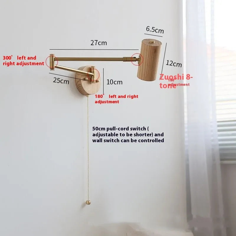 Retro rotating wall lamp with long arm and integrated switch in walnut or wood colour finish