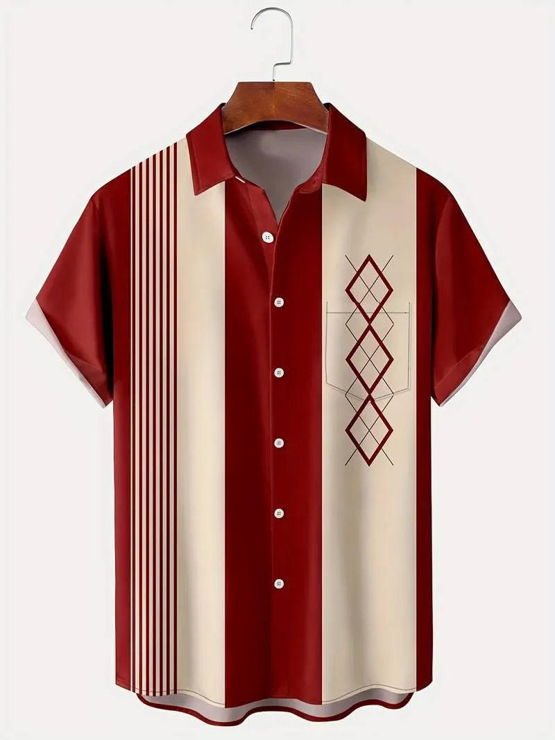 Men's loose fit plaid short-sleeve shirt with cardigan lapel in stretch polyester fabric