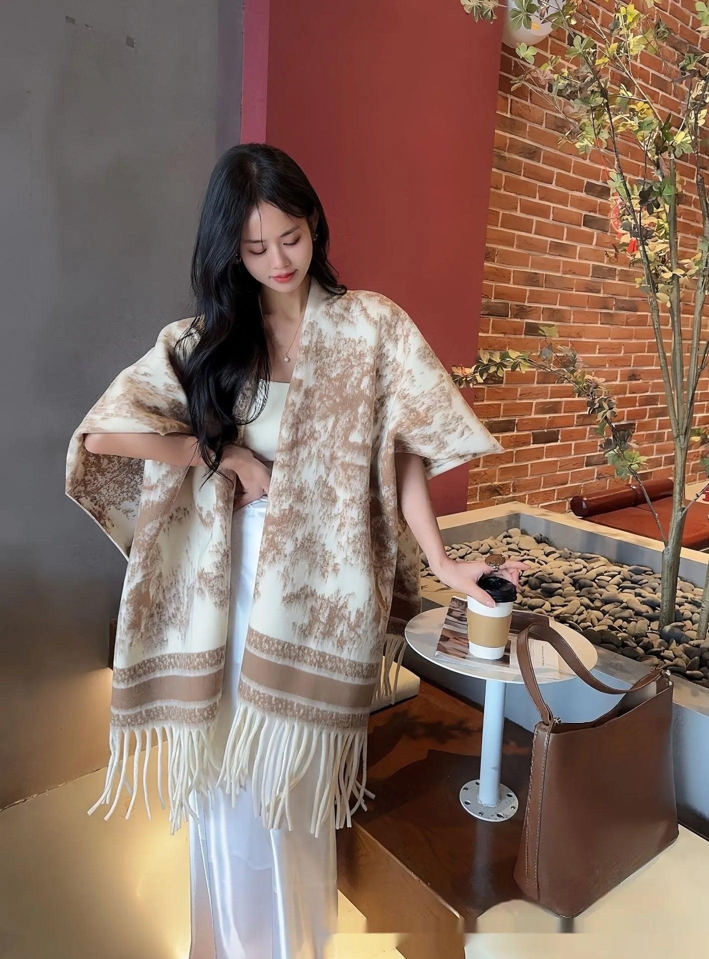 Women's polyester scarf cape with tassel trim in casual shawl style