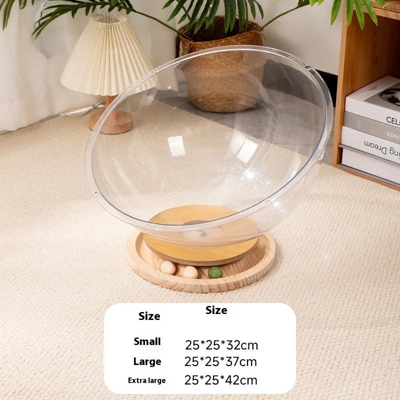 Transparent acrylic space capsule cat bed with wooden base in multiple size options
