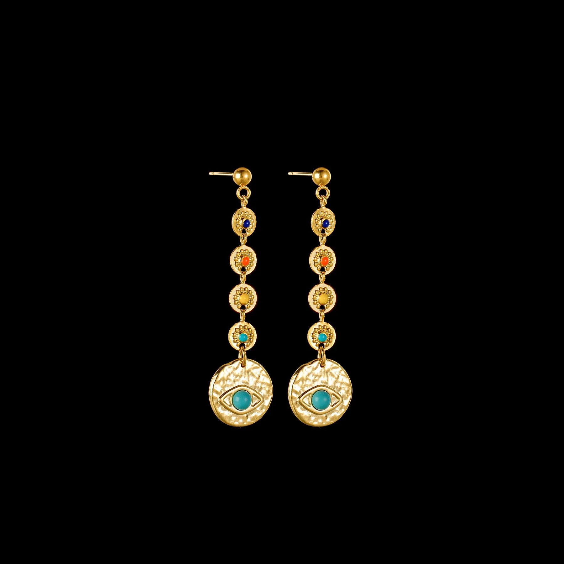 Three pairs of geometric stainless steel earrings: star, eye, and shell sun designs.