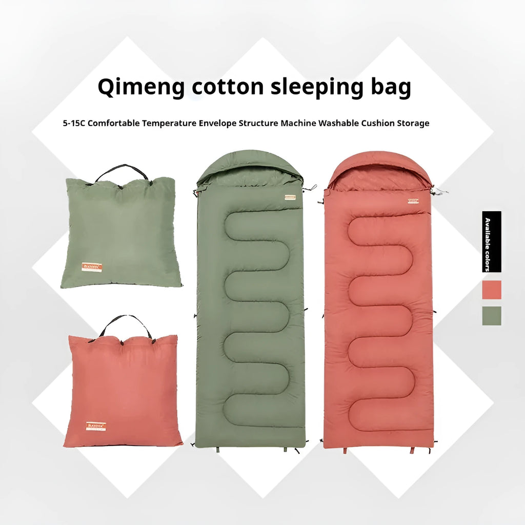 Cotton camping sleeping bag in ochre colour folded to show portable design