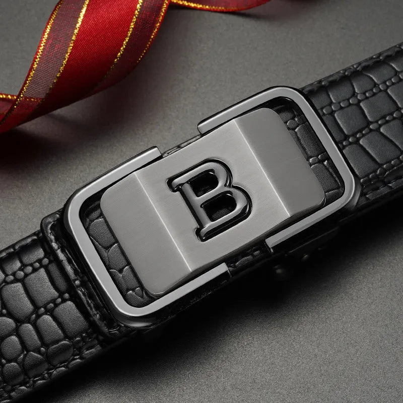 Toothless automatic buckle genuine leather belt in coffee black with zinc alloy buckle