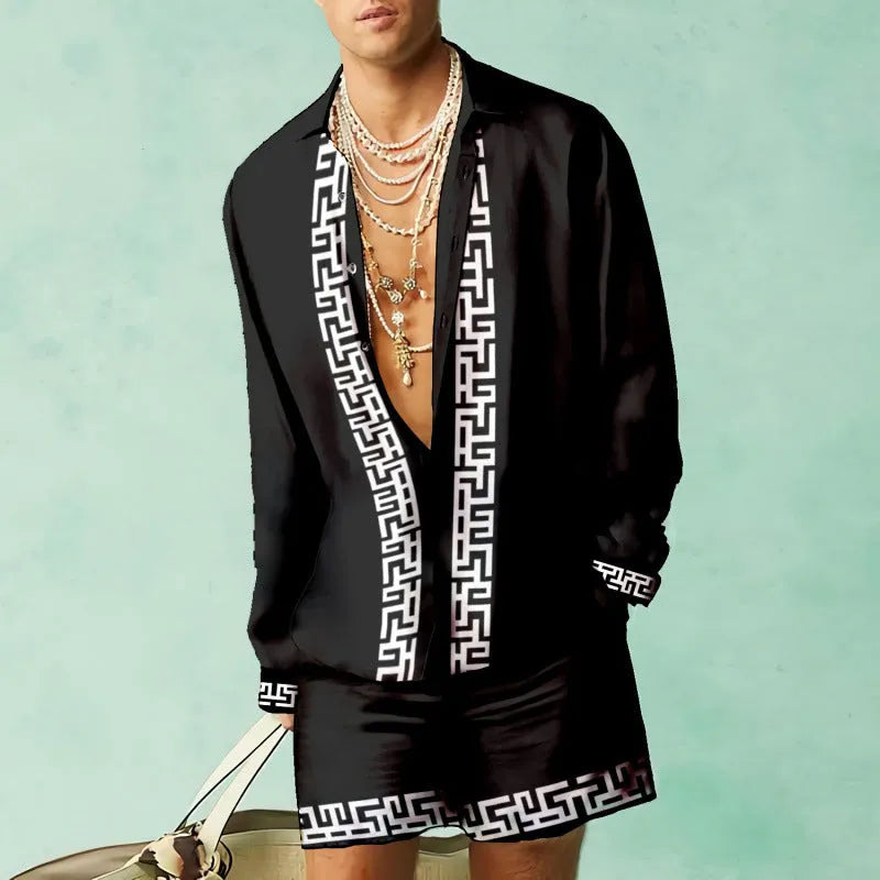 Casual summer shirt and shorts set in slim fit design with long sleeves