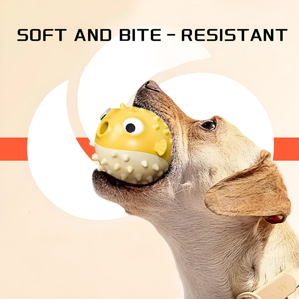 Yellow fish-shaped vinyl dog chew toy with textured surface and squeaker for aggressive chewing dogs