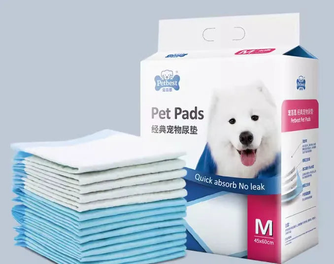 Pack of thickened absorbent dog urine pads showing size options and variant types like bamboo charcoal and lemon scent.