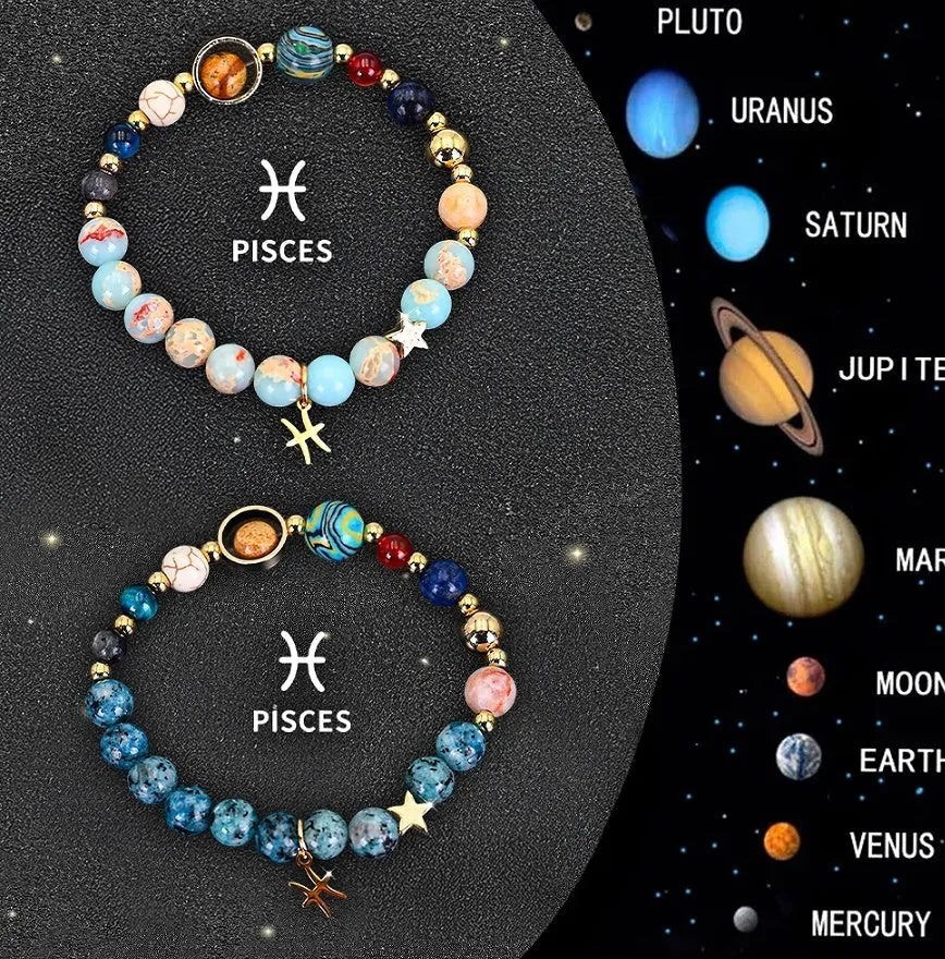 Set of two natural stone beaded bracelets showing zodiac sign charms on a wooden surface.