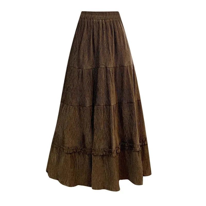 Corduroy A-line midi skirt with elastic waistband in milky white colour showing Korean style design