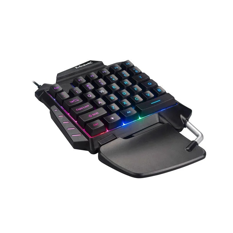 Black left-hand one-handed gaming keyboard throne converter with USB cable and integrated hand rest