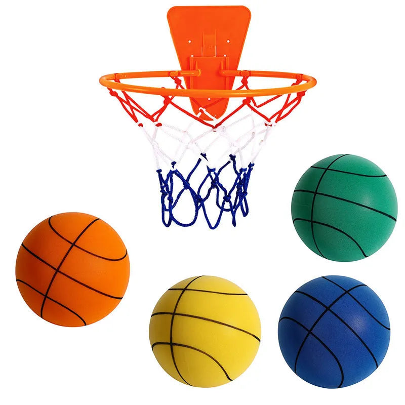 Assorted bright coloured silent high-density PU foam basketballs for indoor children's sports play.