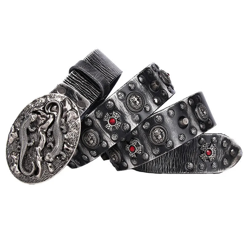 Men's punk style leather belt with rivet detailing and alloy buckle in retro colour options