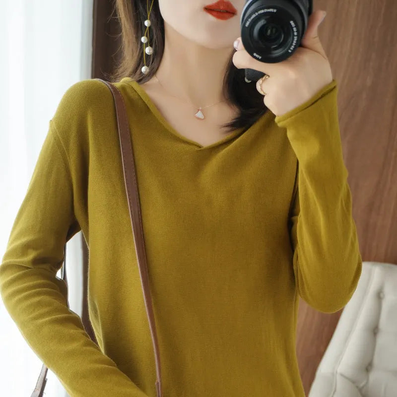Women's V-neck long sleeve knitwear pullover top in a macaron colour, showcasing non-iron elegant style.