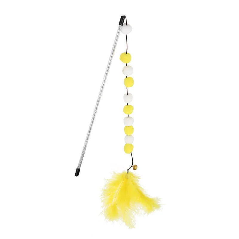 31 cm long cat teaser toy rod with bell and pompon feather attachments in blue colour