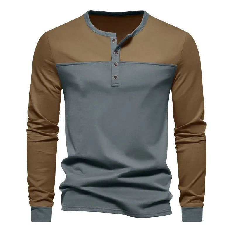 Men's brown army green long-sleeve casual shirt with Henry collar