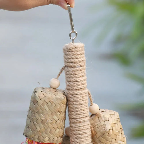 Colourful shredded paper hanging bird toy for parrots with wooden frame and sisal rope