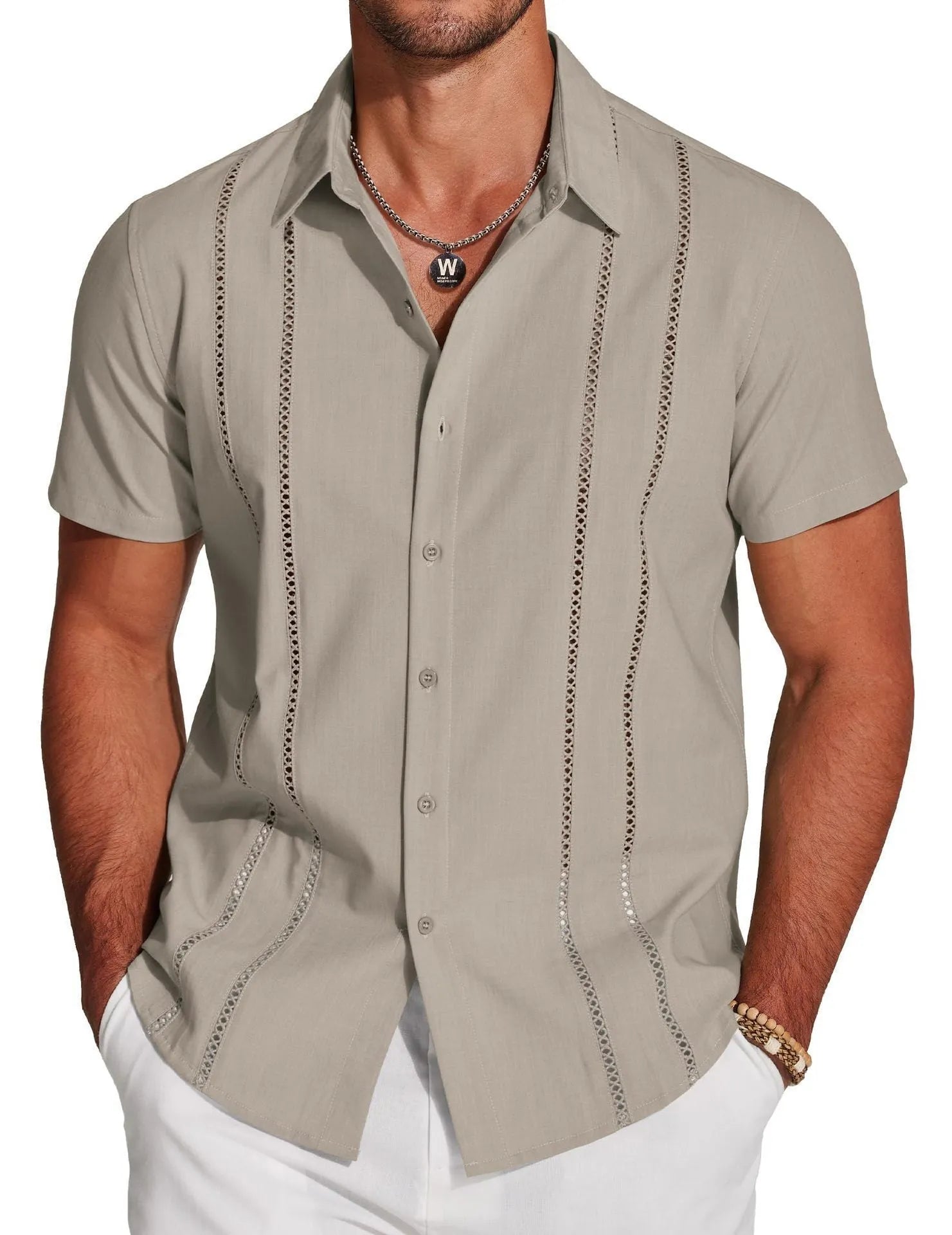 Men's slim fit short sleeve Hawaiian shirt with digital print pattern