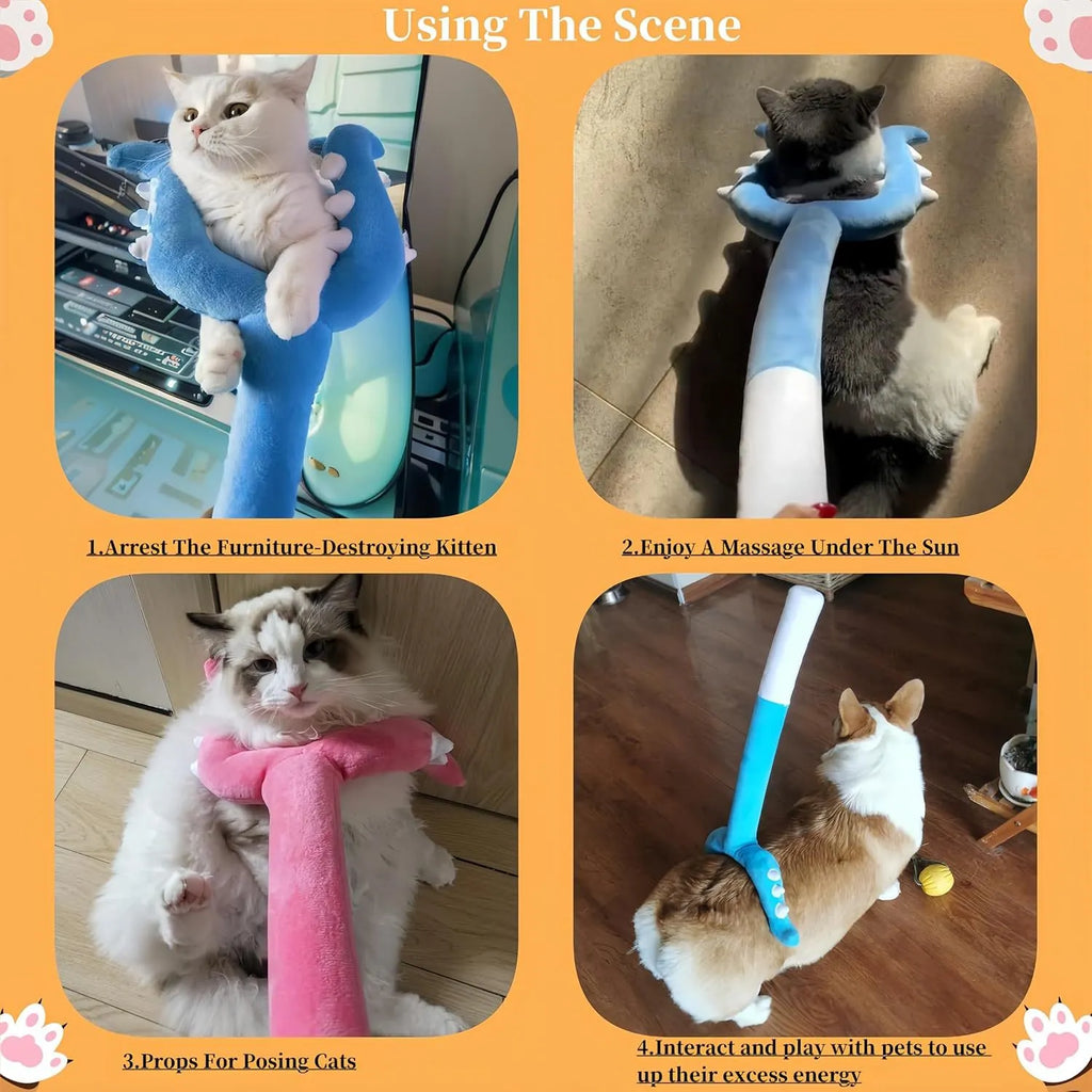 Blue and pink plush cat wand toy with foam head, 70 cm long for interactive play