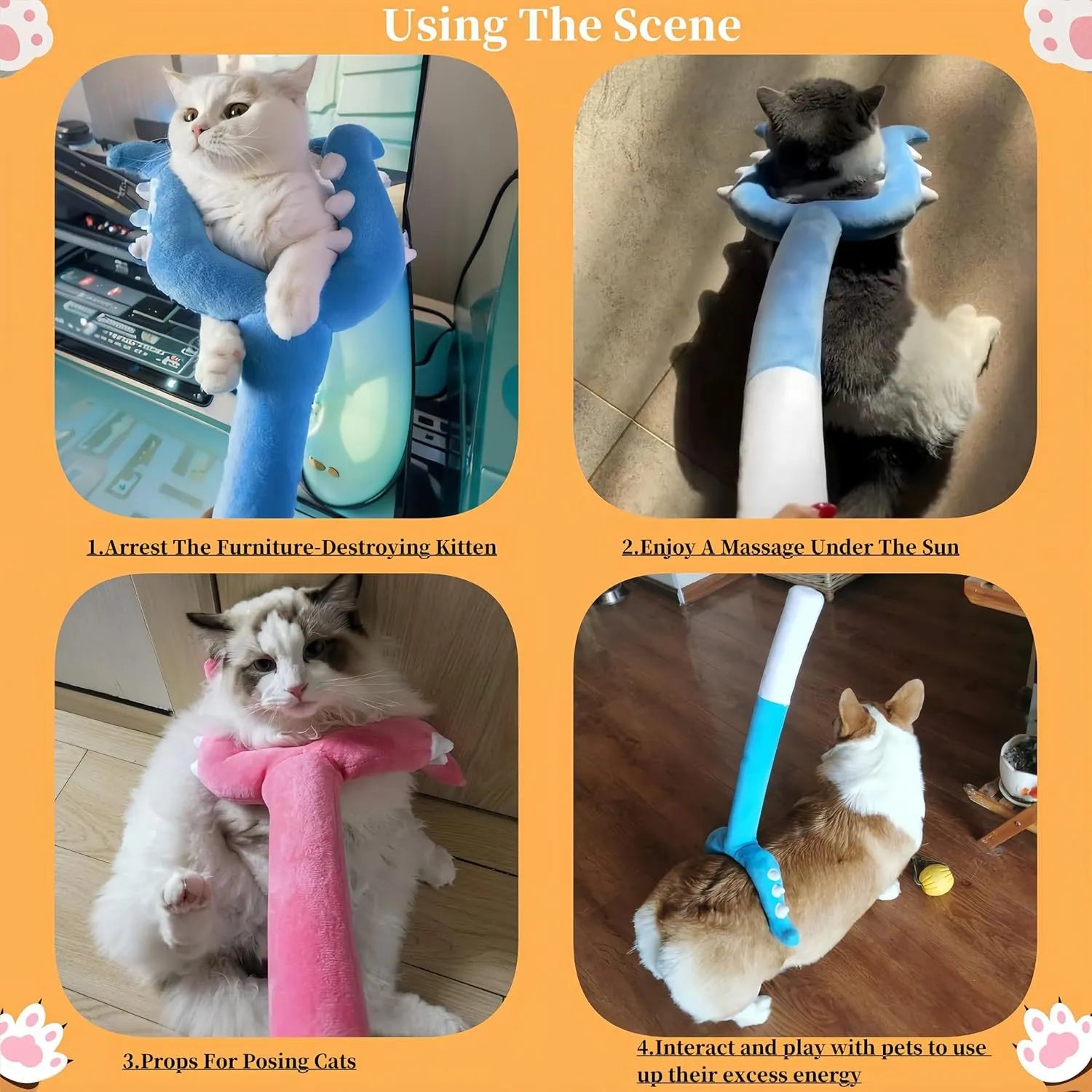 Blue and pink plush cat wand toy with foam head, 70 cm long for interactive play