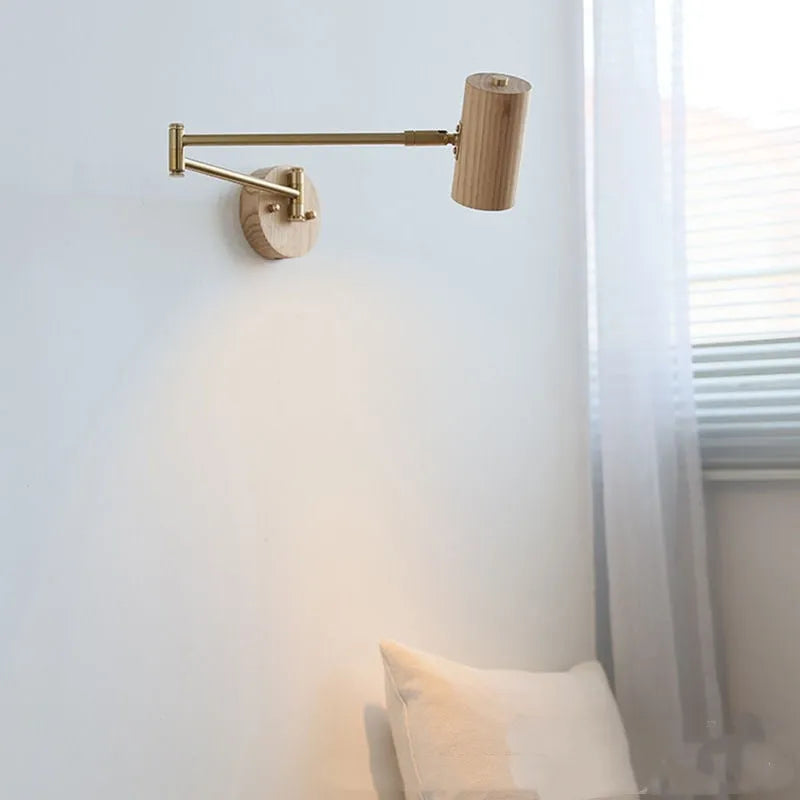 Retro rotating wall lamp with long arm and integrated switch in walnut or wood colour finish